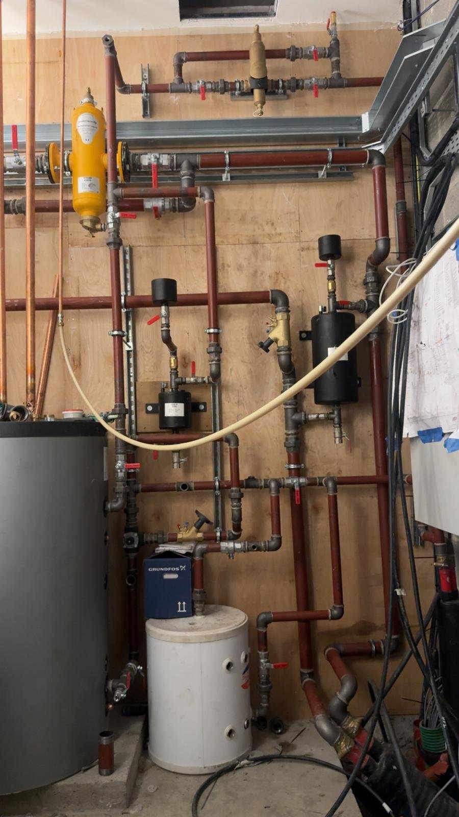 Plant room pumps, cylinder and copper pipework installation